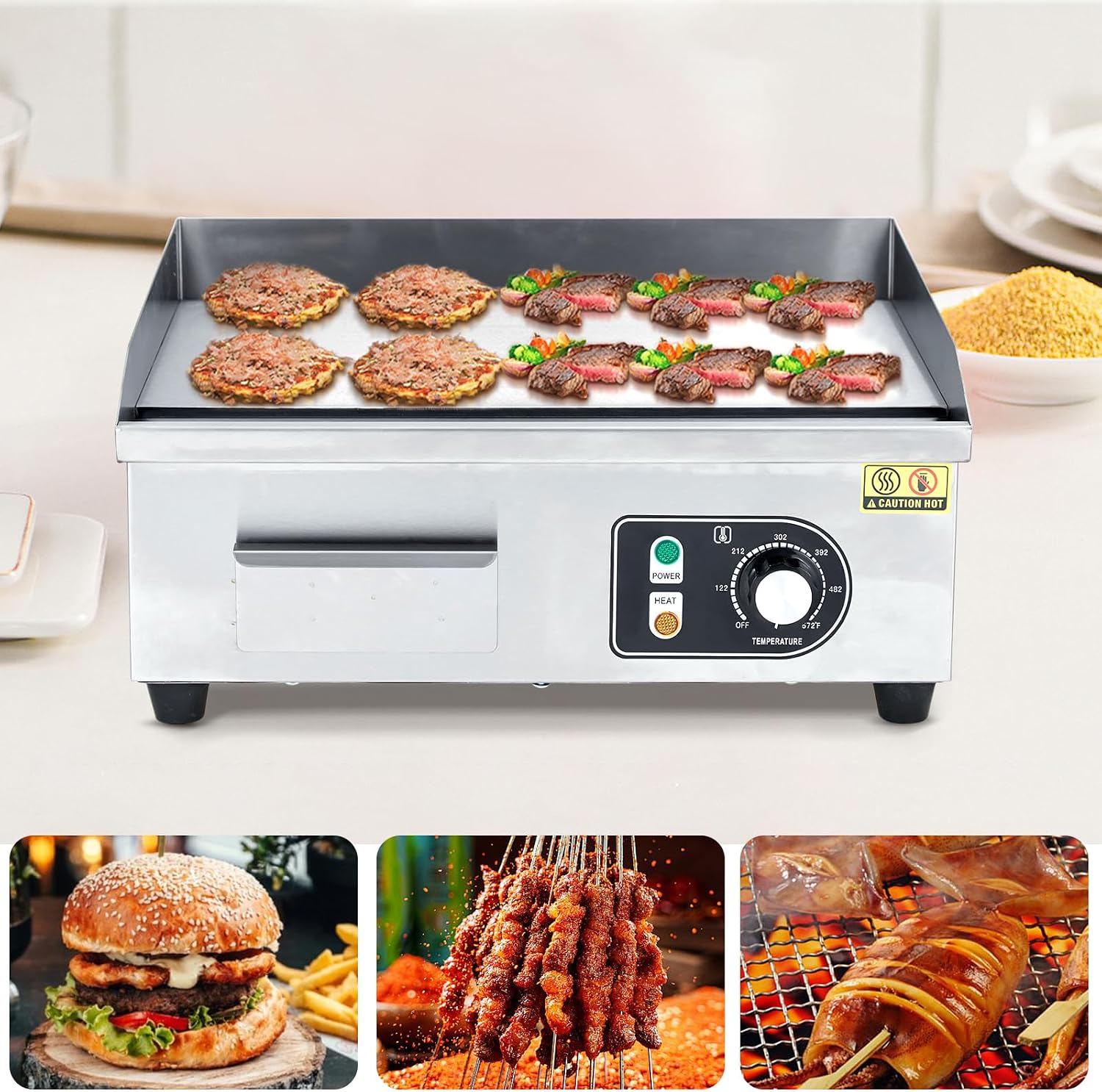 18' Commercial Electric Griddle 1600w Electric Countertop Griddle Non-Stick Restaurant, Stainless Steel Teppanyaki Flat Top Grill Adjustable Temperature Control 122°f-572°f