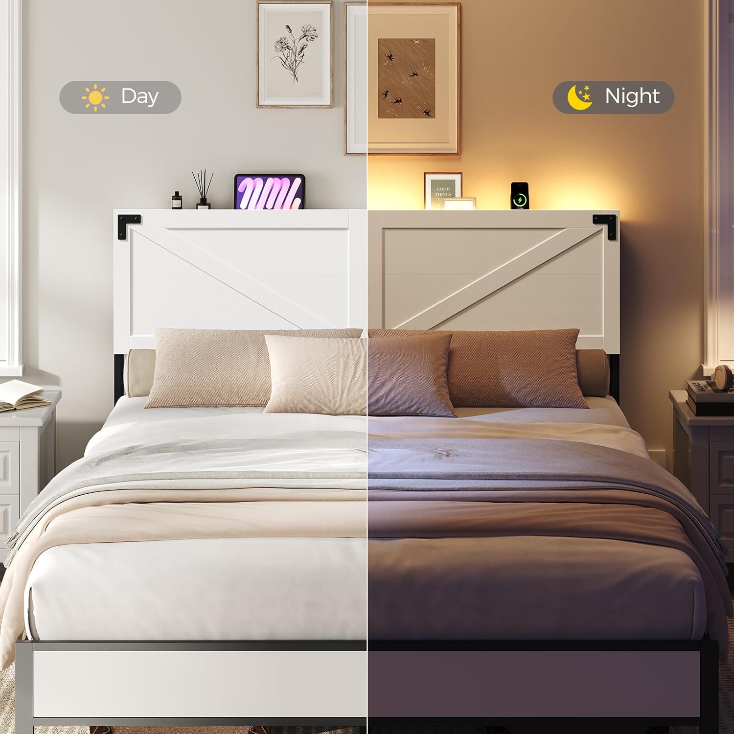 MAHANCRIS Queen Size Headboard Only, Headboard with 2 Outlets and 2 USB Ports, Farmhouse Headboard, with LED Lights, Secure Storage with Raised Fence, with Bed Frame Adapter, White and Black