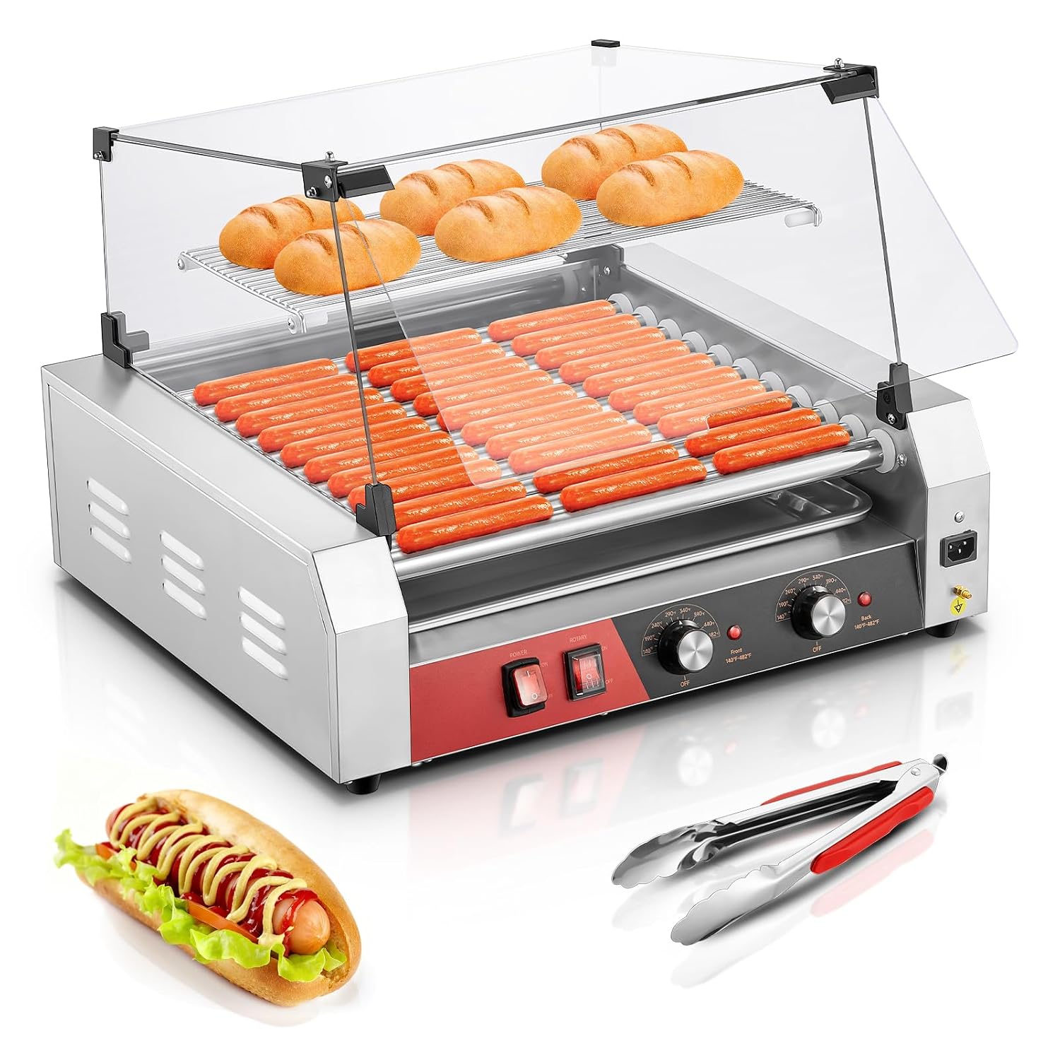 HOUSNAT Hot Dog Roller, 11 Rollers 30 Hot Dogs Capacity, 1650W Stainless Steel Hot Dog Machine with Dual Temperature Control, Bun Warmer Shelf, Glass Hood & Removable Drip Tray for Kitchen Restaurant