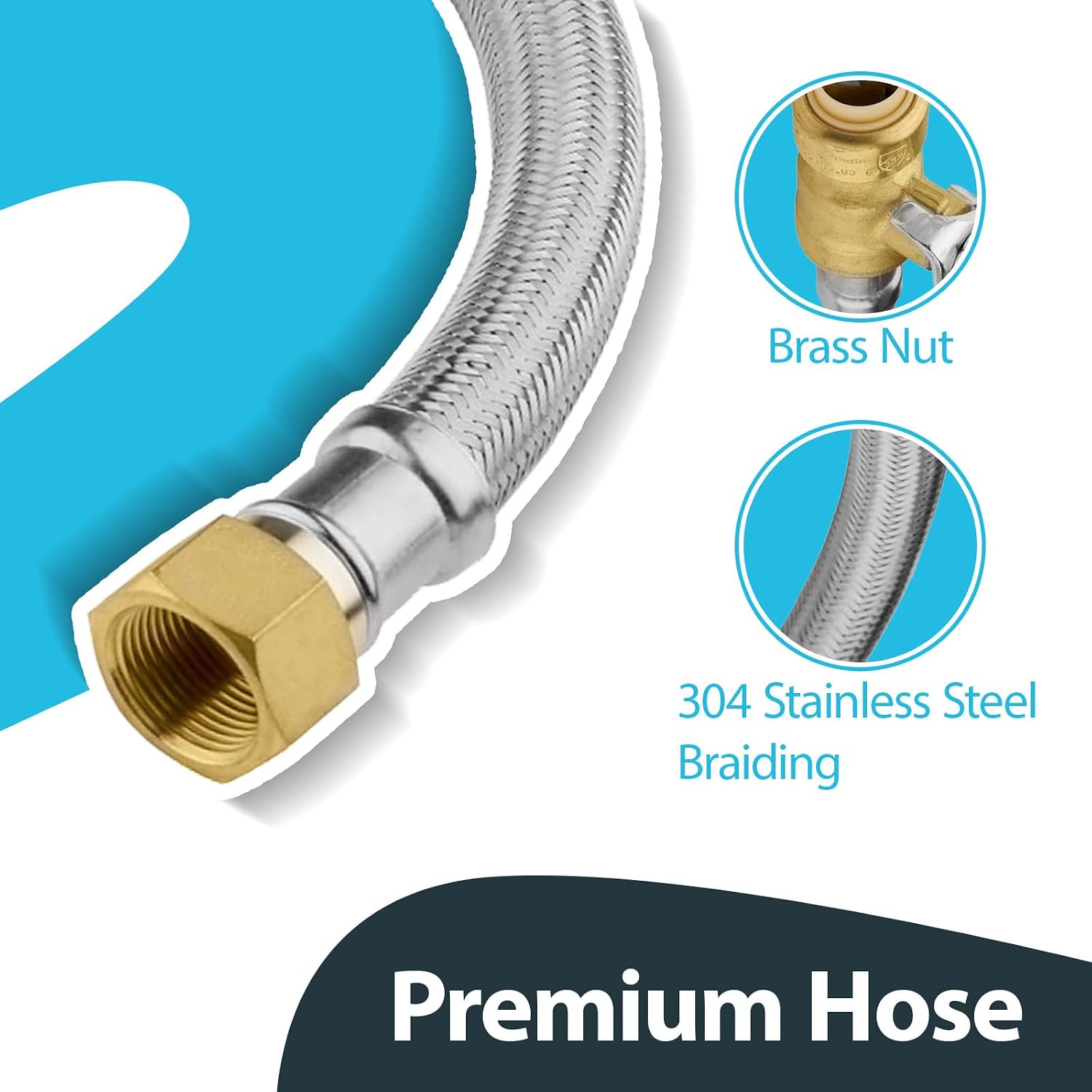 (5 Pack) Seelink 12-Inch Stainless Steel Flexible Heater Hose, 1/2 Inch Push-fit Ball Valve x 3/4 Inch FIP, Push-to-Connect for Copper, PEX, and CPVC