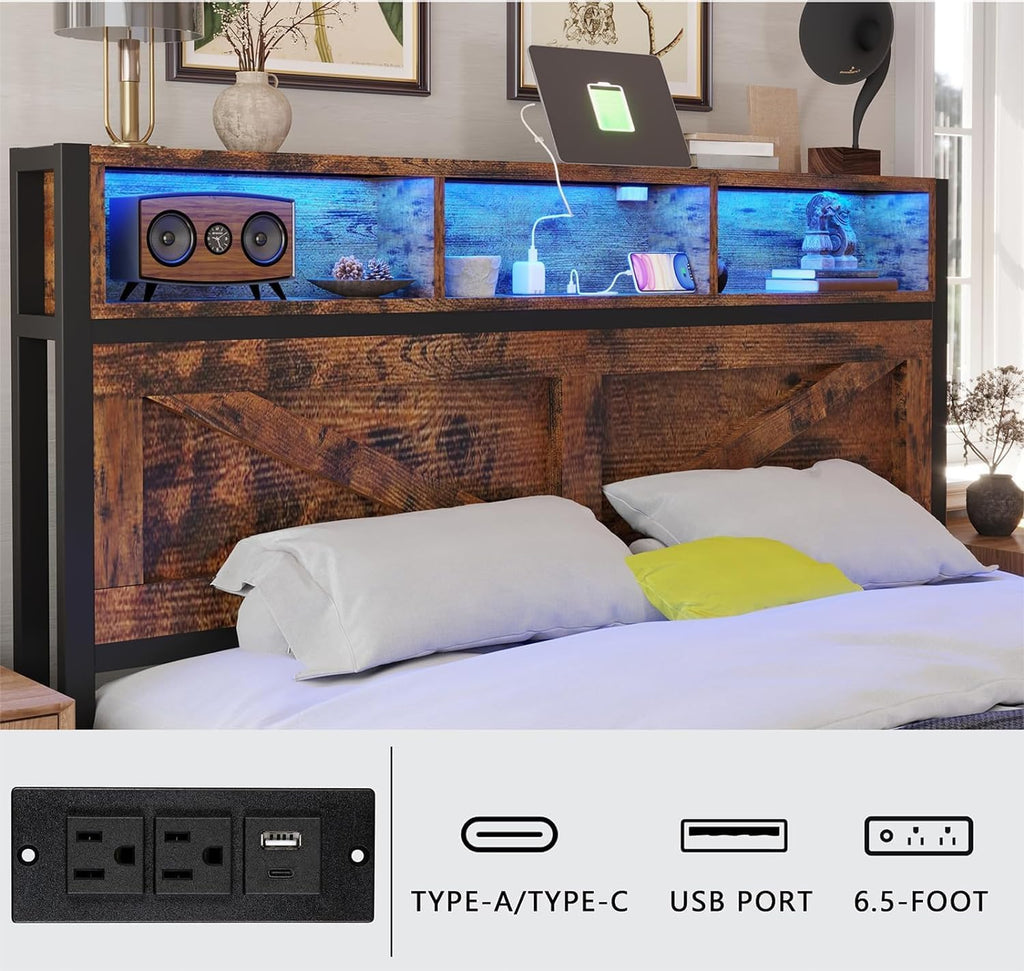 Farmhouse Full Bed Frame with Bookcase Headboard and Storage Drawers, LED Lights and Charging Station, No Box Spring Needed, Noise Free, Rustic Brown