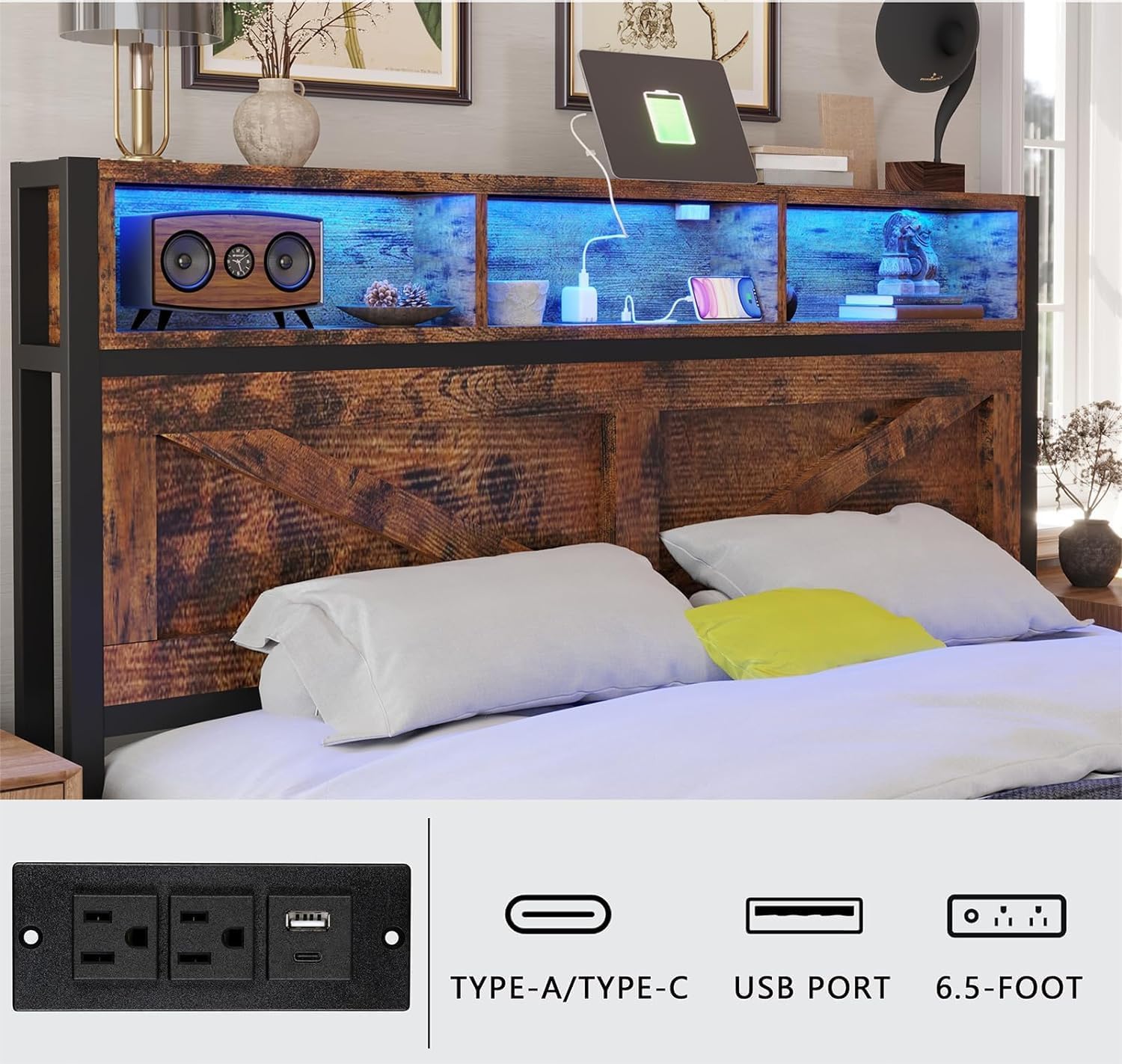 Farmhouse Full Bed Frame with Bookcase Headboard and Storage Drawers, LED Lights and Charging Station, No Box Spring Needed, Noise Free, Rustic Brown