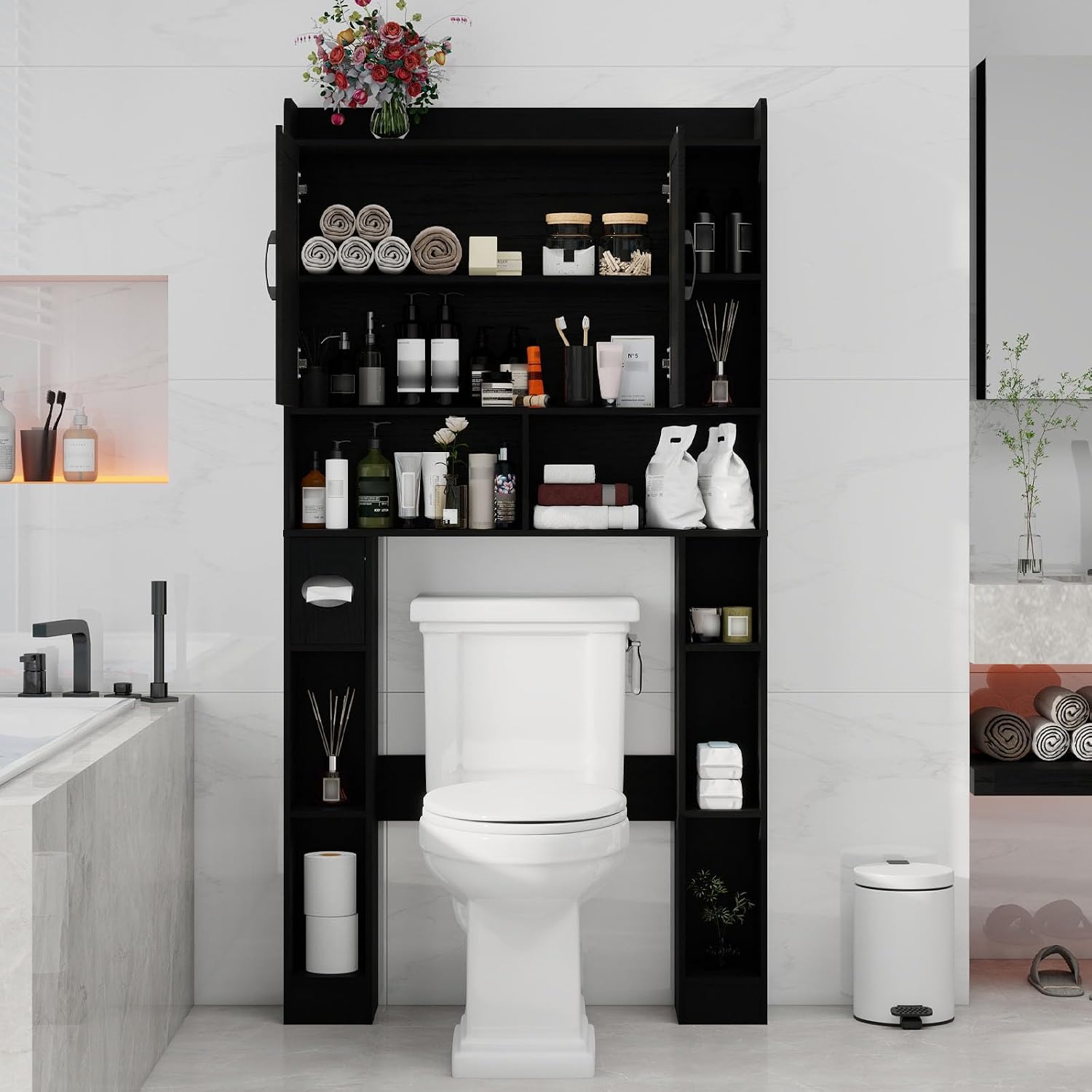 Vabches Over The Toilet Cabinet, Double Doors Bathroom Shelf Organizer with Toilet Paper Holder Stand and Open Storage Shelf, Small Freestanding Space Saver for Restroom, Bathroom, Laundry, Black