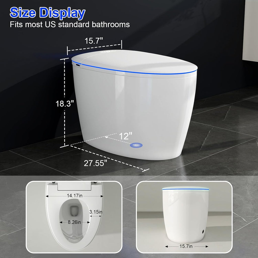 Smart Toilet with Bidet Built in, Bidet Toilet with Foam Shield, Auto Open/Close Lid & Dual Flush, Instant Warm Water & Dryer, Tankless One Piece Elongated Toilet, Foot Sensor, Night Light