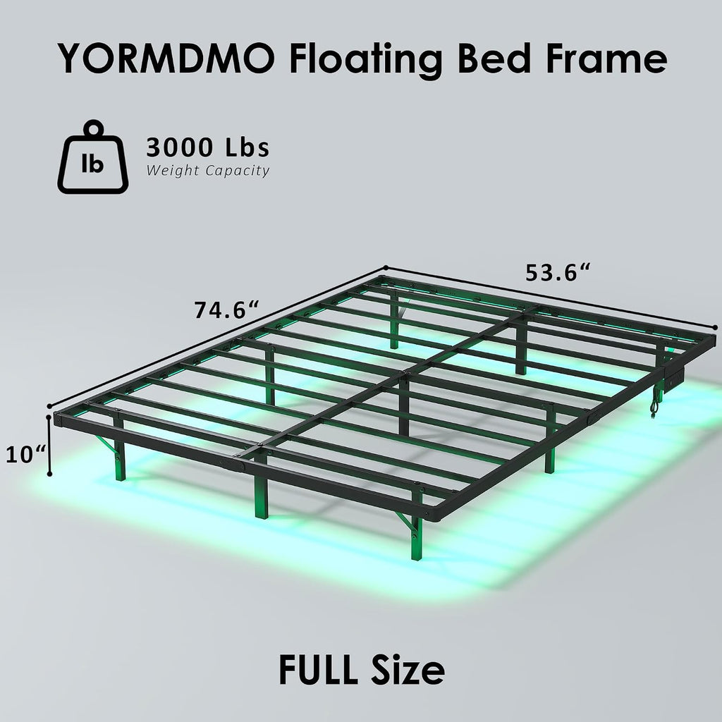 YORMDMO Floating Bed Frame Full Size, Heavy Duty Bedframe with Smart LED Lights & Charging Station, Modern Metal Platform Bed, Easy Assembly No Box Spring Needed, 10 Inch