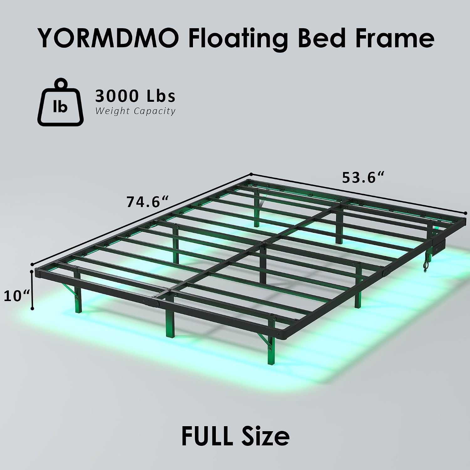 YORMDMO Floating Bed Frame Full Size, Heavy Duty Bedframe with Smart LED Lights & Charging Station, Modern Metal Platform Bed, Easy Assembly No Box Spring Needed, 10 Inch