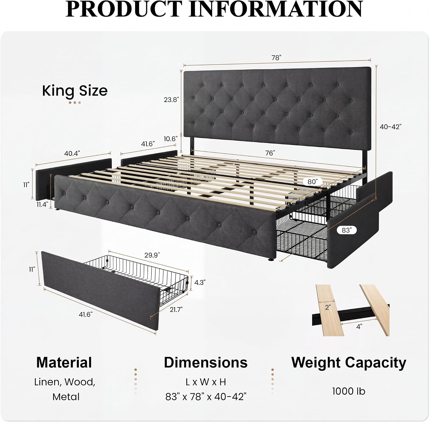 SHA CERLIN Upholstered King Size Platform Bed Frame with 4 Storage Drawers, Adjustable Headboard with Diamond Stitched Button Tufted Design, Wooden Slat Support, No Box Spring Needed, Dark Grey