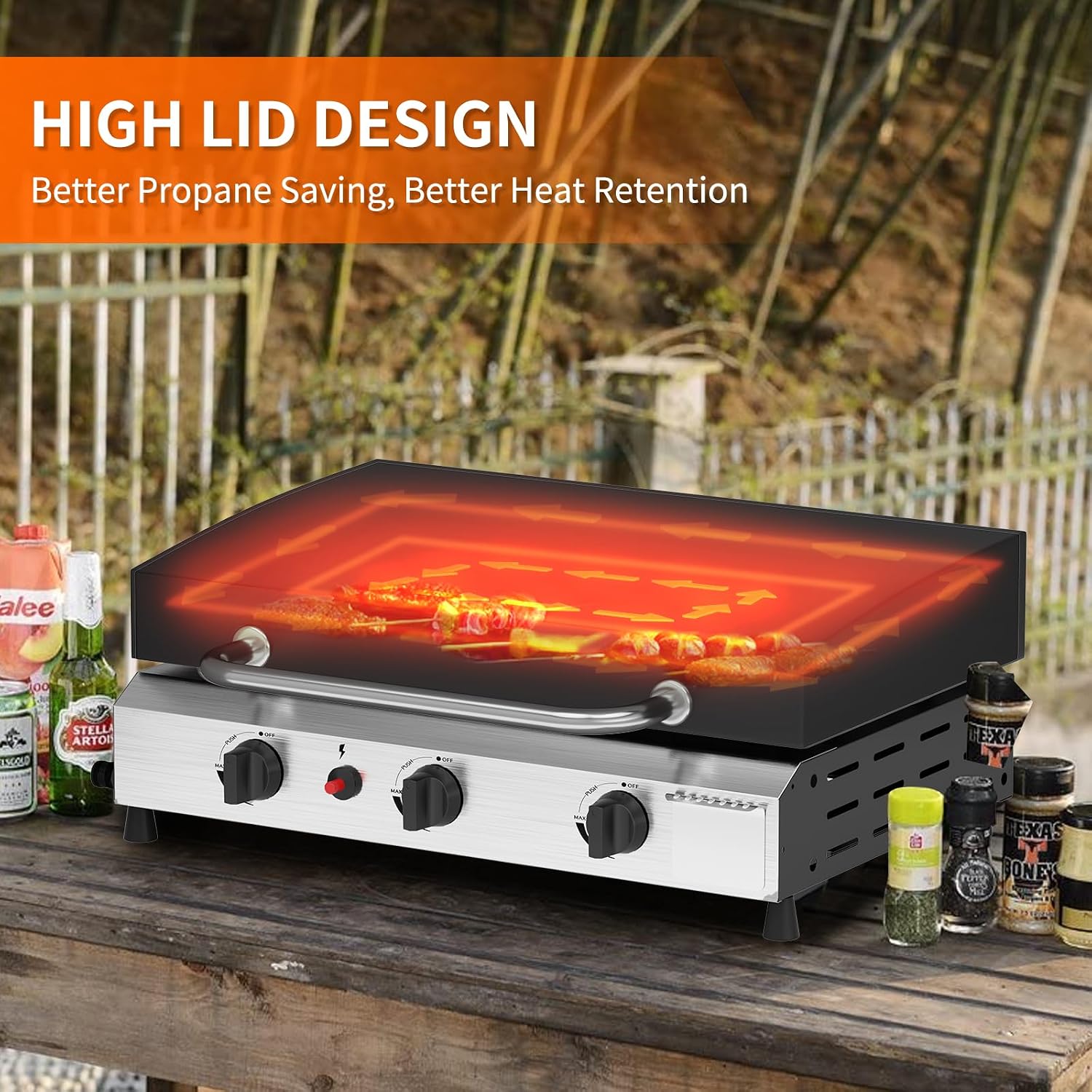 SKOK 3 Burners Outdoor Gas Griddle with Hood, Portable Flat Top Gas Grill-Table Top Propane Griddle Station with Side Shelves