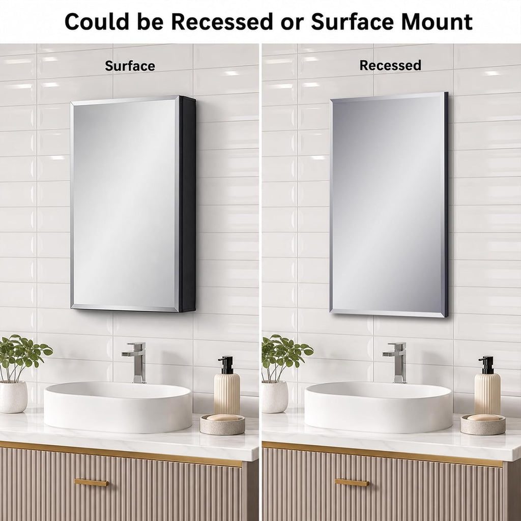 Fundin Medicine Cabinet 14 x 24 inches Mirror Size, Recessed or Surface Mount, Black Aluminum Bathroom Wall Cabinet with Mirror and Adjustable Shelves.