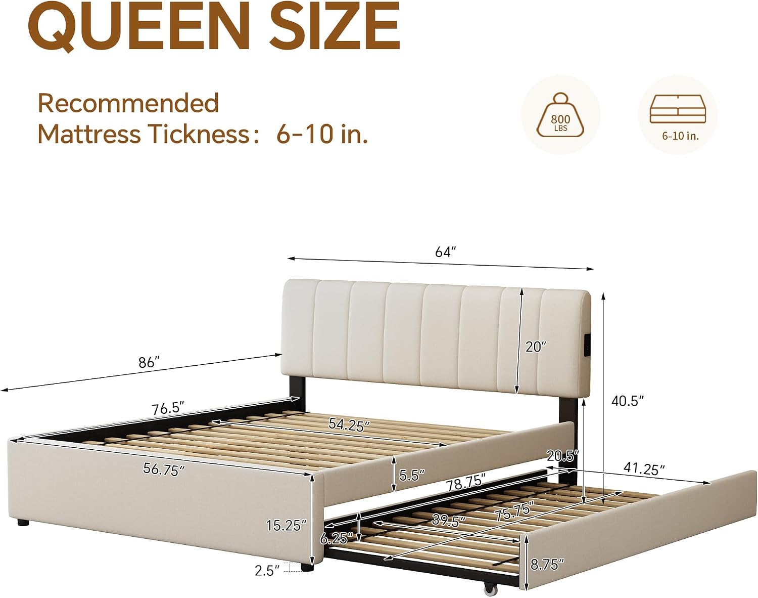 Queen Size Upholstered Platform Bed with Trundle and USB/Type-C Charging, Chenille Fabric Full and Twin Double Bed w/LED Lights with APP for Bedroom,Beige