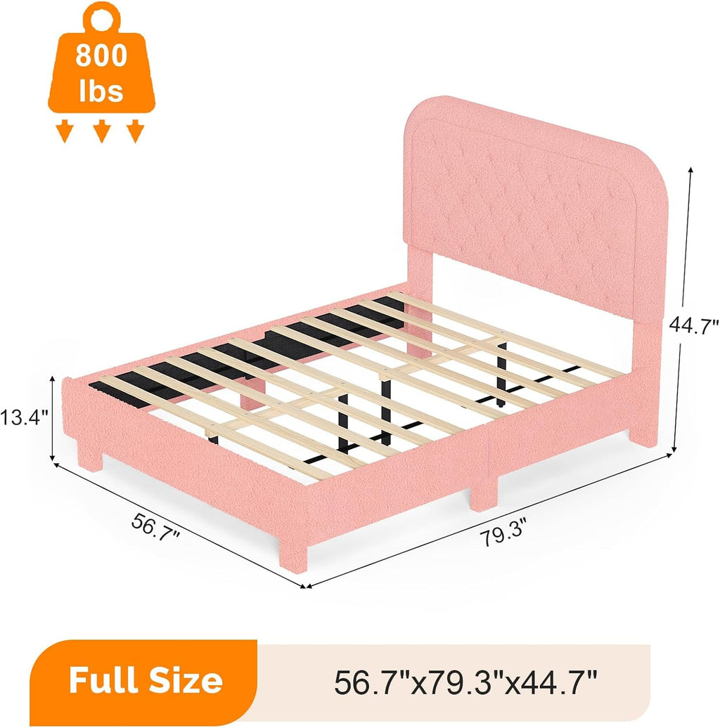 VINGLI Full Boucle Cloud Bed Frame with Headboard,Upholstered Soft Bed with Wood Sturdy Slats Support, Rounded Corners,Modern Cream Style,Easy Assembly, Pink