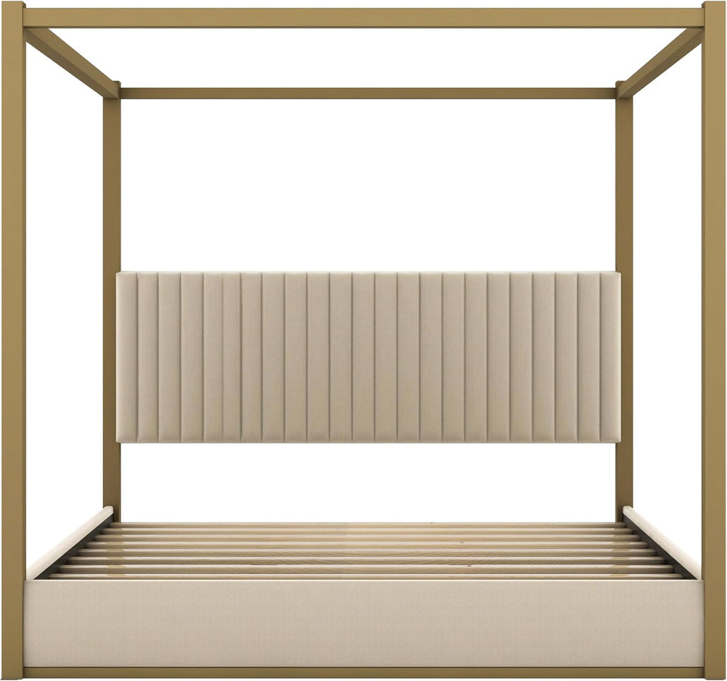 King Size Canopy Bed with Upholstered Headboard, 4-Poster Bed Frame with Metal Frame for Bedroom (Beige, King)