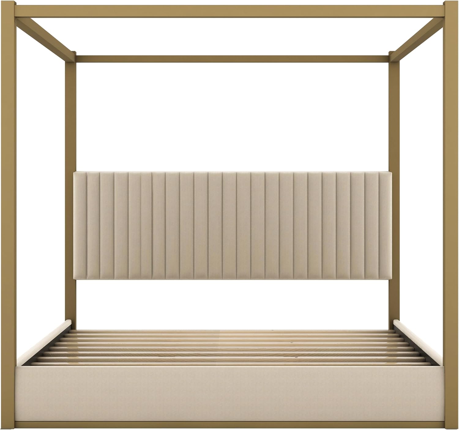 King Size Canopy Bed with Upholstered Headboard, 4-Poster Bed Frame with Metal Frame for Bedroom (Beige, King)