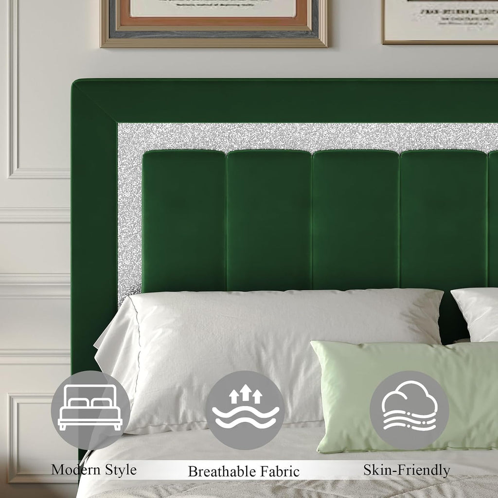HOMBCK Full Bed Frame with Diamond Headboard and Footboard, Velvet Upholstered Bed with Wooden Slats Support, No Box Spring Needed, Easy Assembly, Green