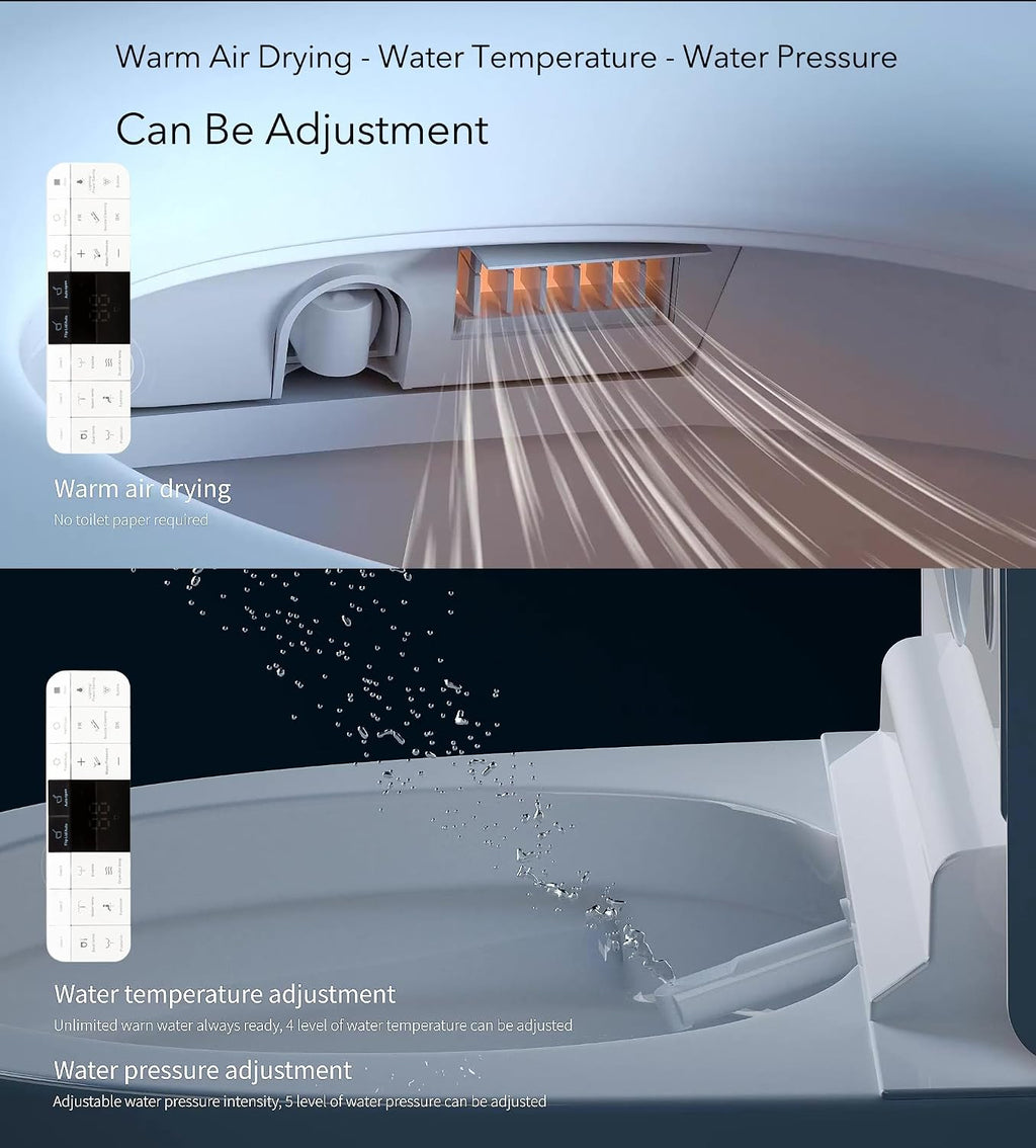 EUROTO Smart Toilet with Auto Open/Close Lid, Foot Sensor Flush, Instant Warm Water, Heated Seat, Warm Air Dryer, Night Light, Dual Flush Bidet
