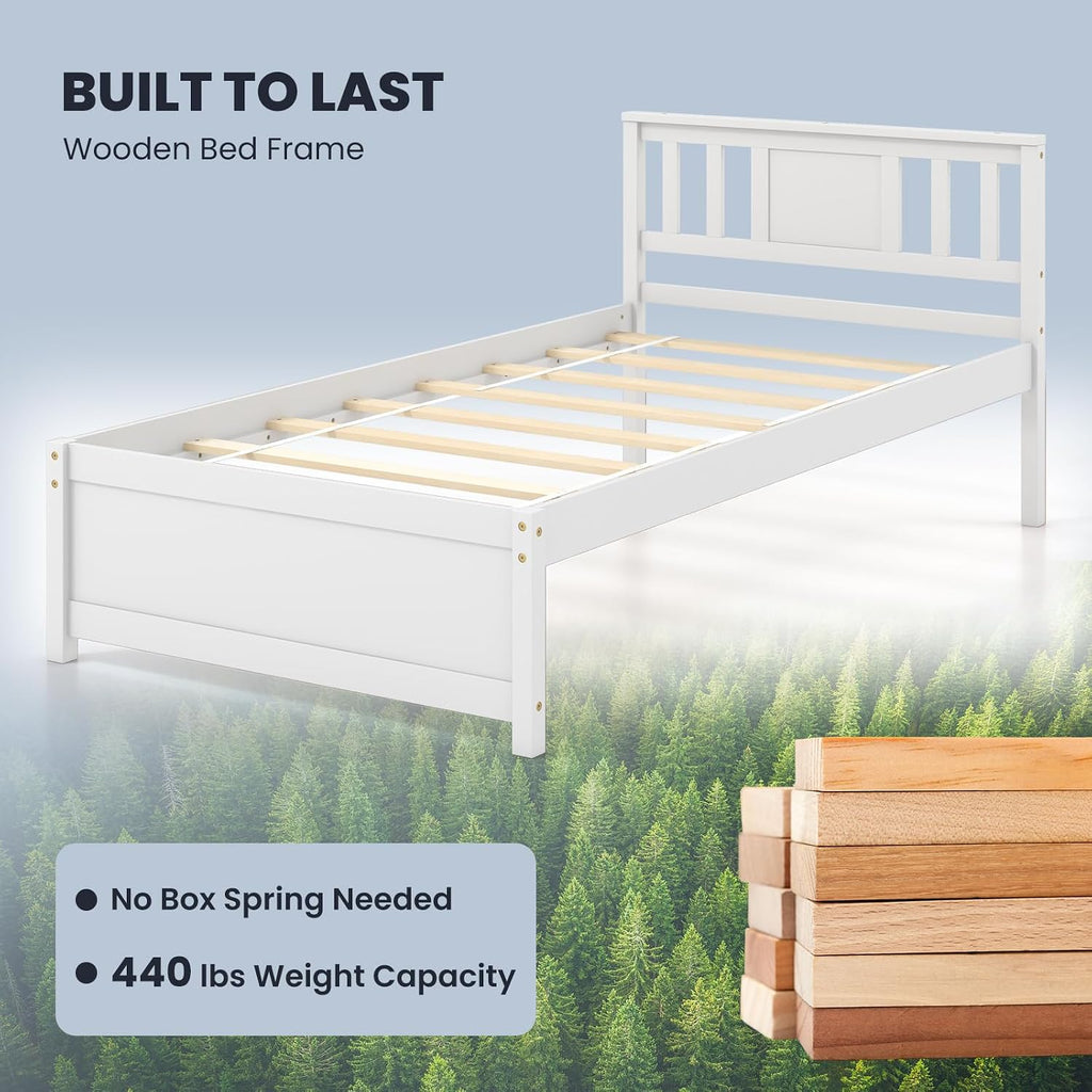 Giantex Wood Twin Bed Frames with Headboard, Mid Century Solid Wood Platform Bed with Wood Slat Support, Single Panel Bed, No Box Spring Needed, Twin Bed Frames for Kids, White