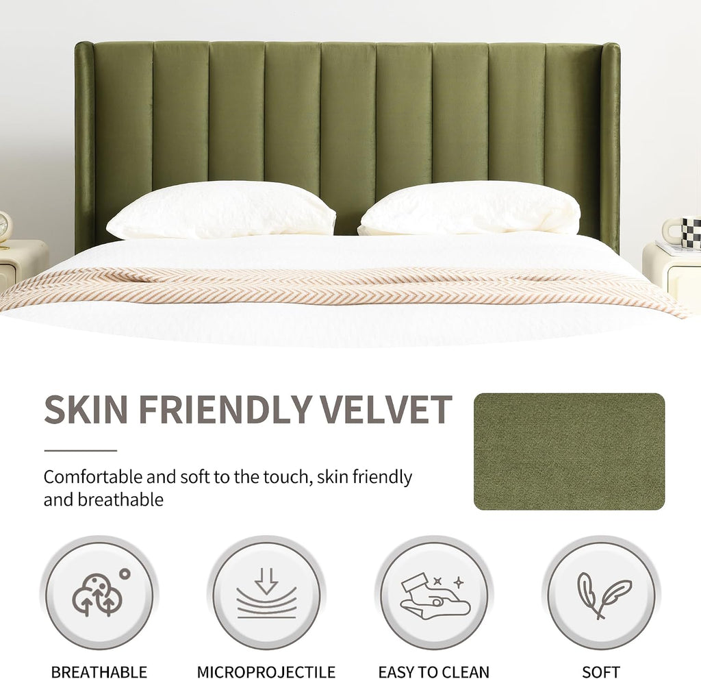 YUHUASHI upholstered Platform Bed Frame/Full Bed Frame/Modern Geometric Double-Wing Design headboard/Velvet Fabric/Easy to Assemble no Noise (Grass Green, Full)