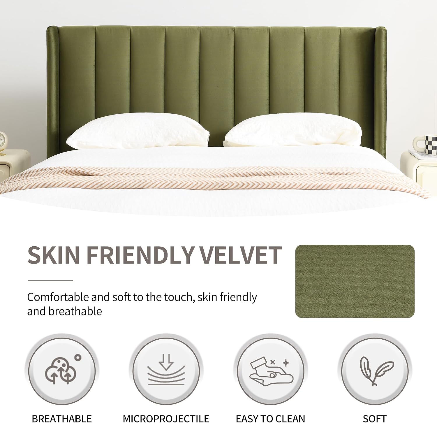 YUHUASHI upholstered Platform Bed Frame/Full Bed Frame/Modern Geometric Double-Wing Design headboard/Velvet Fabric/Easy to Assemble no Noise (Grass Green, Full)