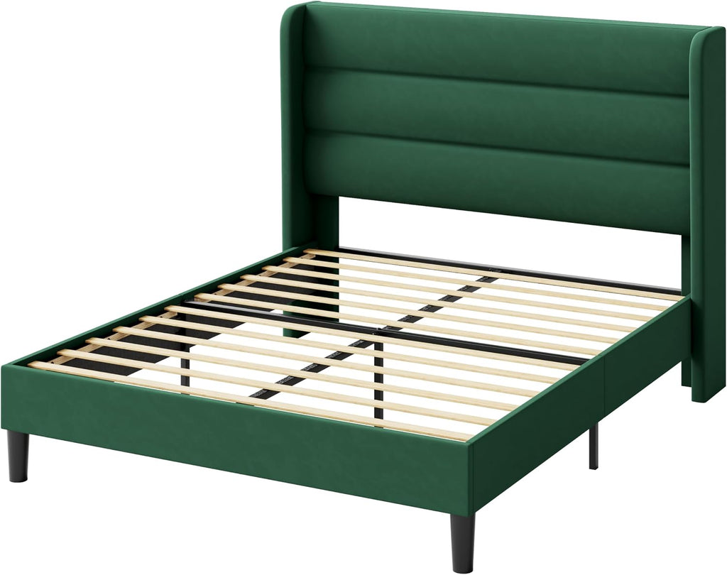 Allewie Full Size Platform Bed Frame with Velvet Upholstered Wingback Headboard, No Box Spring Needed, Under Bed Storage Space, Strong Wooden Slats, Modern Mattress Foundation, Easy Assembly, Green