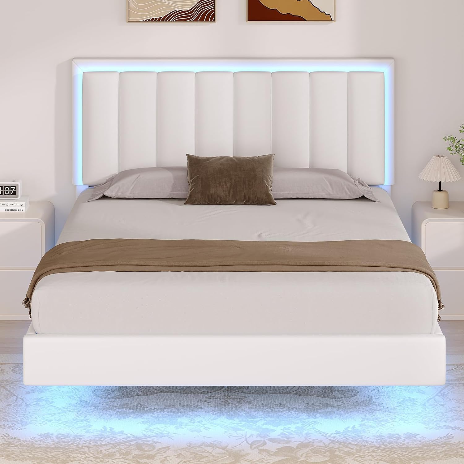 IMMERSTABLE Queen Size Floating Bed Frame with LED Lights, Upholstered Platform Bed with Headboard, 11 in Storage Clearance, Solid Wood Slats, No Box Spring Needed, Easy Assembly, White