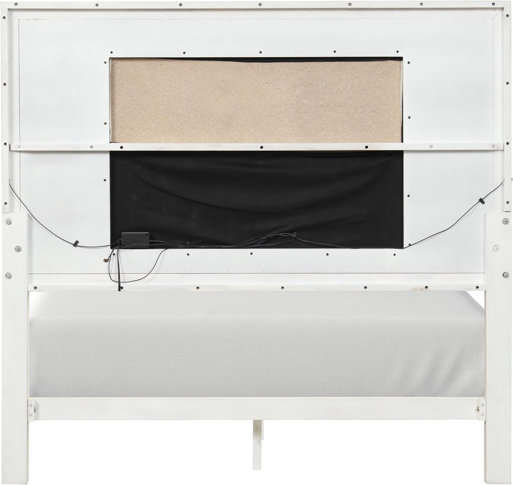 Furniture of America Oberlin Modern Solid Wood 6-Piece Bedroom Set with LED on Padded Fabric Headboard, Vertical Channel Tufting, Chrome Finger Pulls, Box Spring Needed, King, Antique White