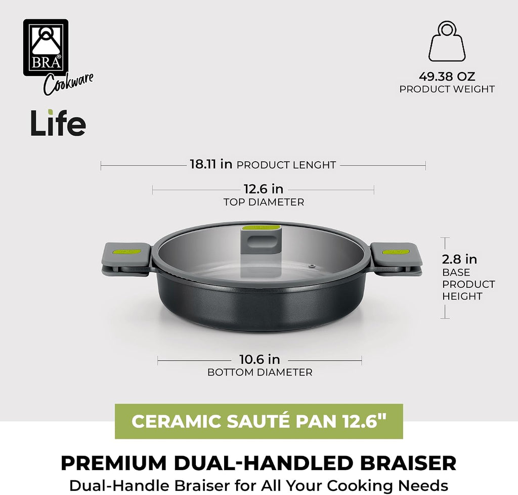 BRA COOKWARE Life Ceramic Nonstick Sauté Pan w/Glass Lid | 12.6 Inch 4.79 Quart Recycled Aluminum Deep Pan | Dual-Handle Braiser | Ceramic Non-Stick Coating | PFOA Free | All Cooktops & Oven Safe