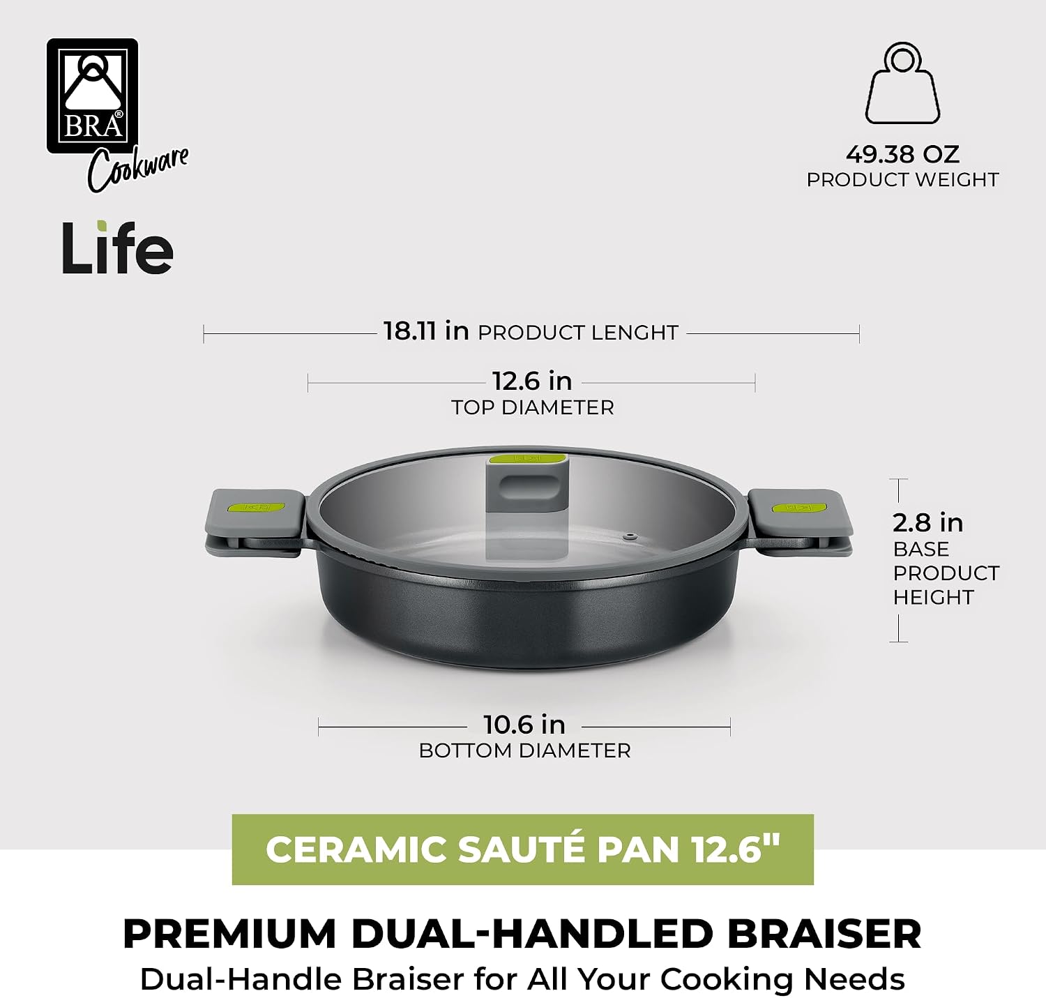 BRA COOKWARE Life Ceramic Nonstick Sauté Pan w/Glass Lid | 12.6 Inch 4.79 Quart Recycled Aluminum Deep Pan | Dual-Handle Braiser | Ceramic Non-Stick Coating | PFOA Free | All Cooktops & Oven Safe