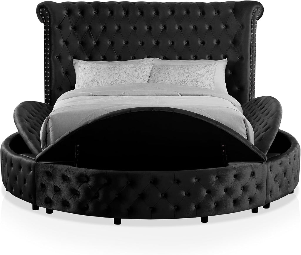 Furniture of America Rhodo Glam Button Tufting Fabric Upholstered 3-Piece Bedroom Set, Bed and 2 Nightstands, California King-Size, Black