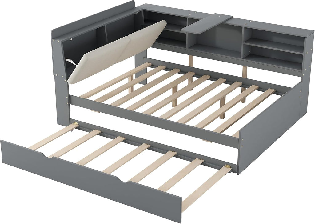 Corner Bed Frame with Storage Upholstered Headboard,Bookcase and Trundle,Full Size Floor Platform Bed with Rotatable Storage Board and Slat Support,Grounded L Shape Sofa Bed for Dorm or Guests,Gray