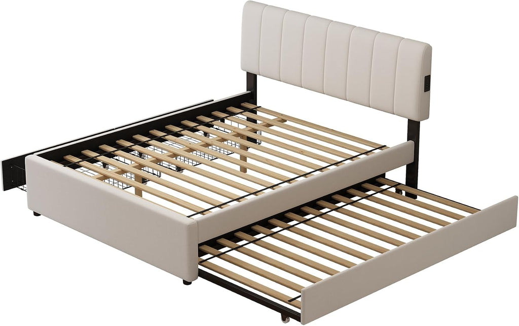 Full Size Upholstered Platform Bed with Trundle,2 Storage Drawers & USB/Type-C Charging,Chenille Fabric Bed Frame with APP-Controlled LED Lights,No Box Spring Needed,800LBS Capacity for Bedroom,Beige