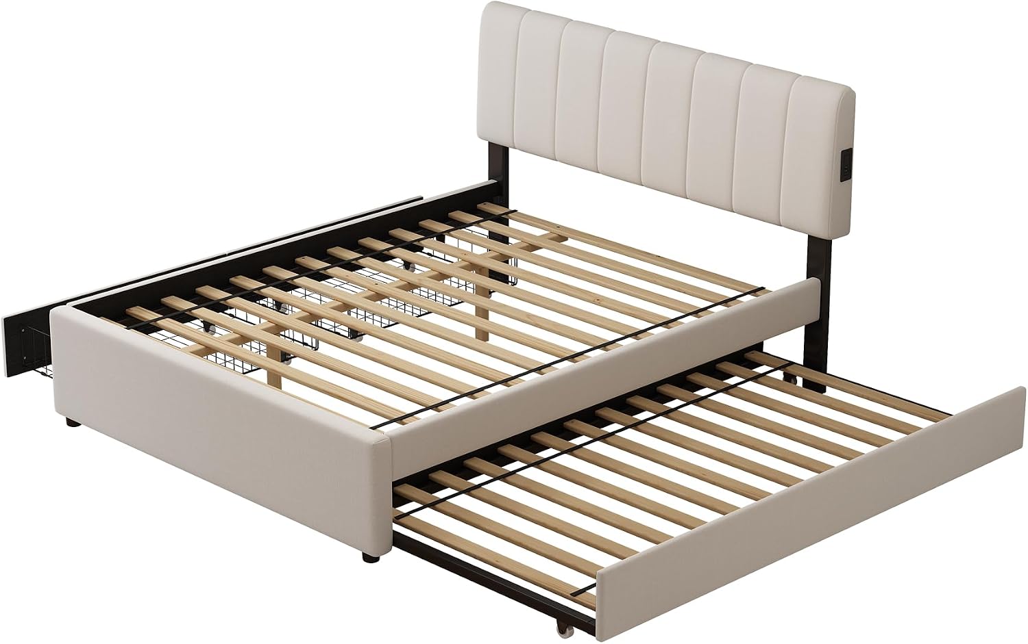 Full Size Upholstered Platform Bed with Trundle,2 Storage Drawers & USB/Type-C Charging,Chenille Fabric Bed Frame with APP-Controlled LED Lights,No Box Spring Needed,800LBS Capacity for Bedroom,Beige