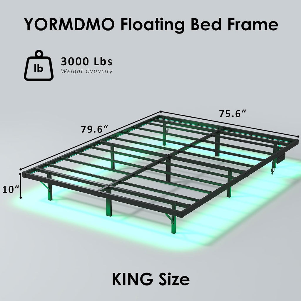 YORMDMO Floating Bed Frame King Size, Heavy Duty Bedframe with Smart LED Lights & Charging Station, Modern Metal Platform Bed, Easy Assembly No Box Spring Needed, 10 Inch