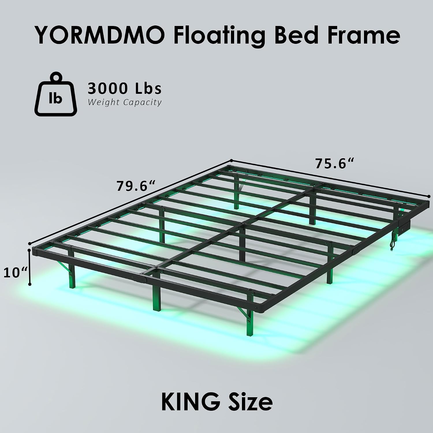 YORMDMO Floating Bed Frame King Size, Heavy Duty Bedframe with Smart LED Lights & Charging Station, Modern Metal Platform Bed, Easy Assembly No Box Spring Needed, 10 Inch