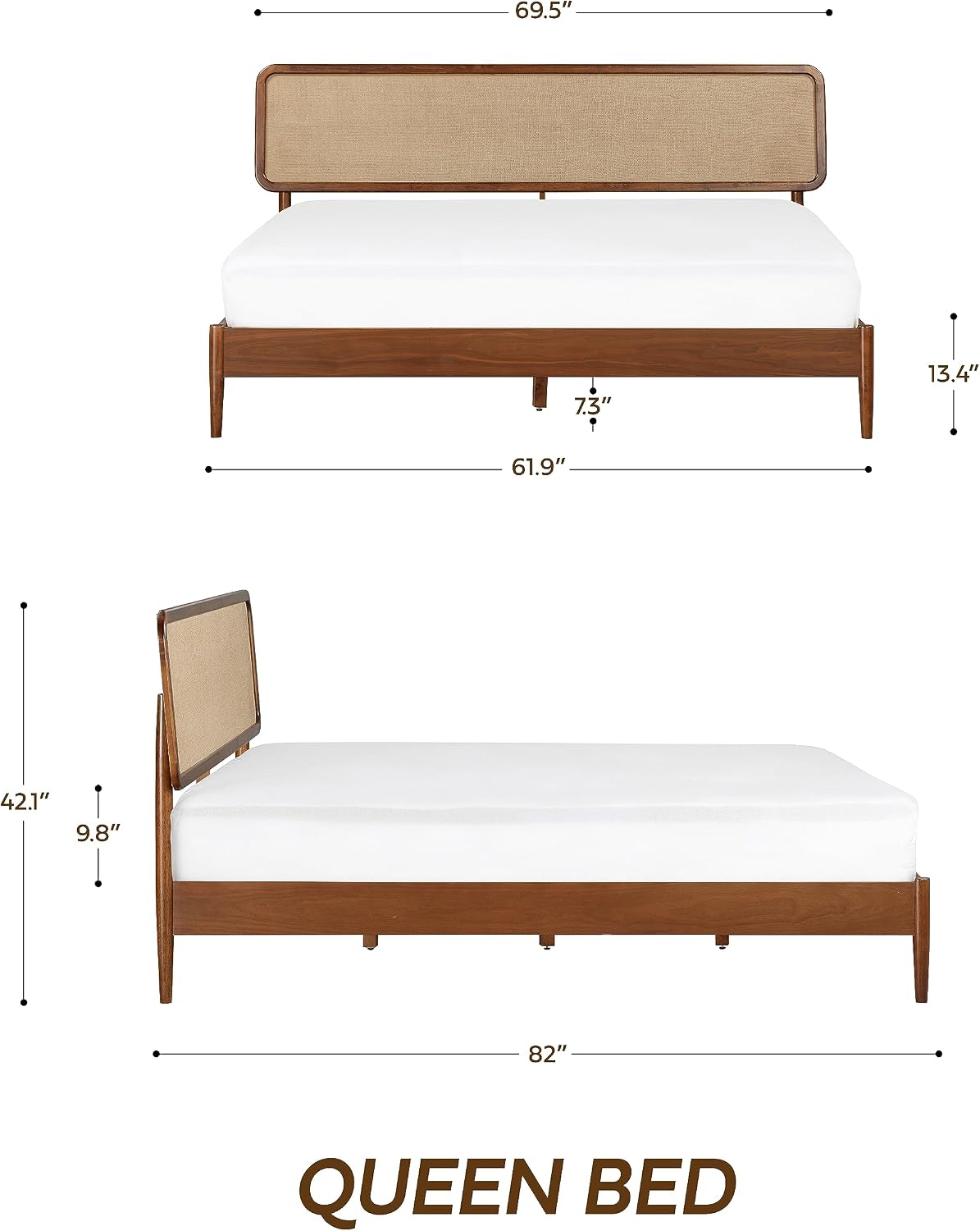 NTC Lupin Wooden Bed Frame with Headboard, Crafted from Walnut, Rubber Wood with Silent Slats and Wood Central Supports, 1000 Lb Capacity, Effortless Assembly, Queen - Dark Walnut