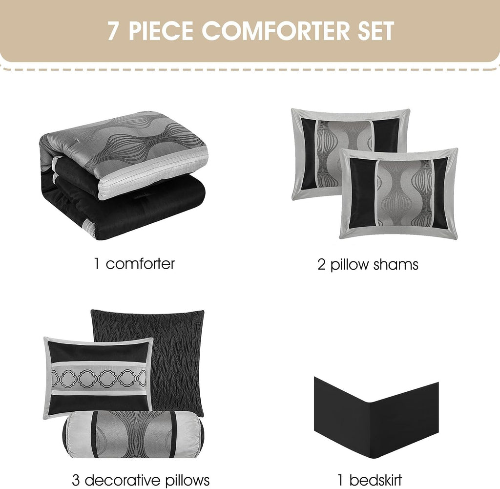 Grand Avenue Black and Silver Comforter Set King Size, 7 Pieces Bedding & Collection, Jacquard All Season Comforter & Pillows, Ultra-Soft Microfiber