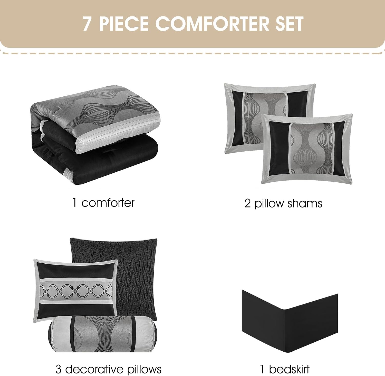 Grand Avenue Black and Silver Comforter Set King Size, 7 Pieces Bedding & Collection, Jacquard All Season Comforter & Pillows, Ultra-Soft Microfiber