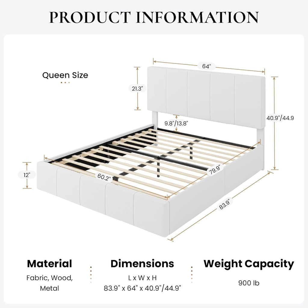 SHA CERLIN Queen Bed Frame, Velvet Upholstered Platform Bed Frame, Vertical Channel Tufted Adjustable Headboard, Low Profile Bed Frame, No Box Spring Needed, Easy Assembly, White