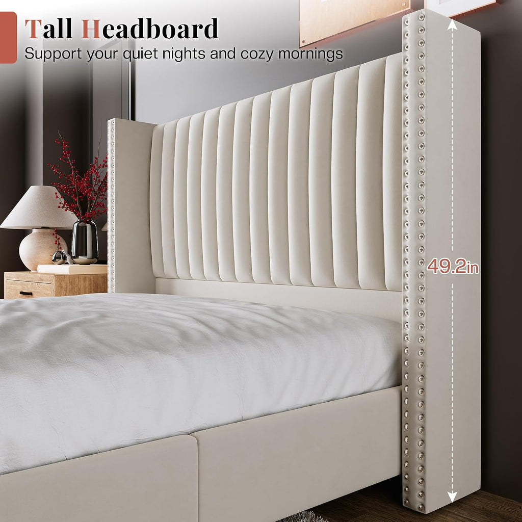 Jocisland King Bed Frame with 49.2' Tall Wingback Headboard,Velvet Upholstered Platform Bed for Cozy Master Bedrooms & Modern Homes,No Box Spring Needed, Easy Assembly, Cream
