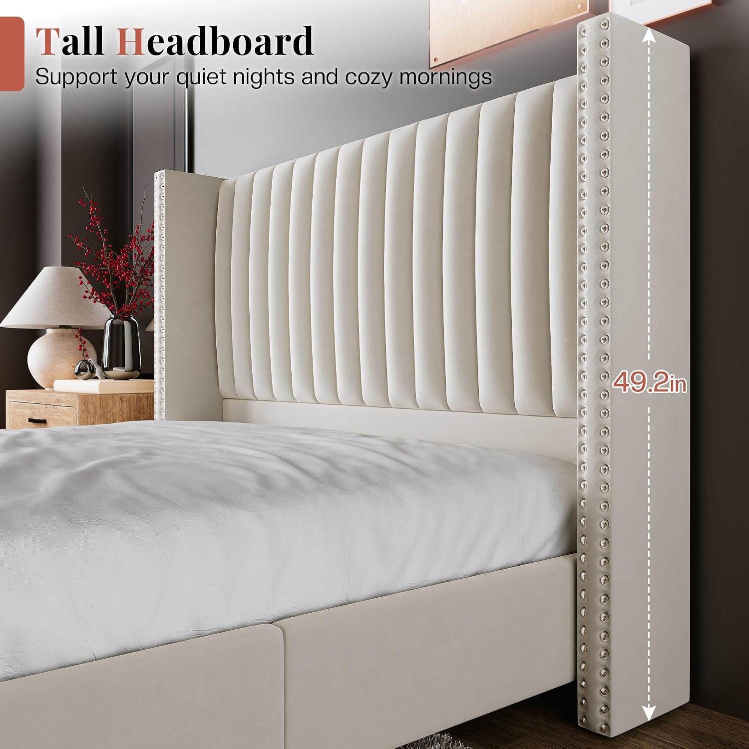 Jocisland King Bed Frame with 49.2' Tall Wingback Headboard,Velvet Upholstered Platform Bed for Cozy Master Bedrooms & Modern Homes,No Box Spring Needed, Easy Assembly, Cream