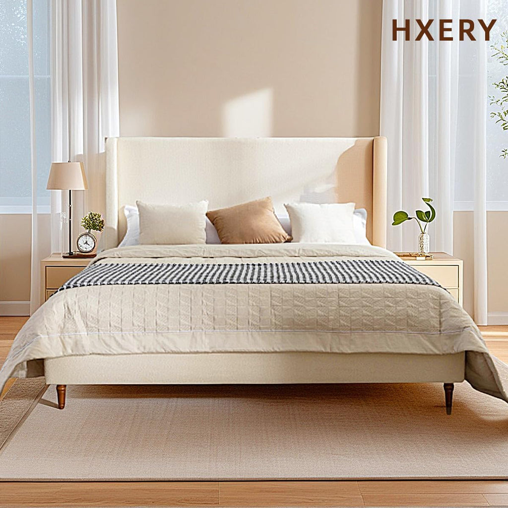 King Size Bed Frame With Headboard,54'High Headboard Boucle Upholstered Platform Bed,bedroom Furniture Sets No Springs Required,Metal Bed Frame With Wooden Slats for Strong Support,No Noise Free,Ivory