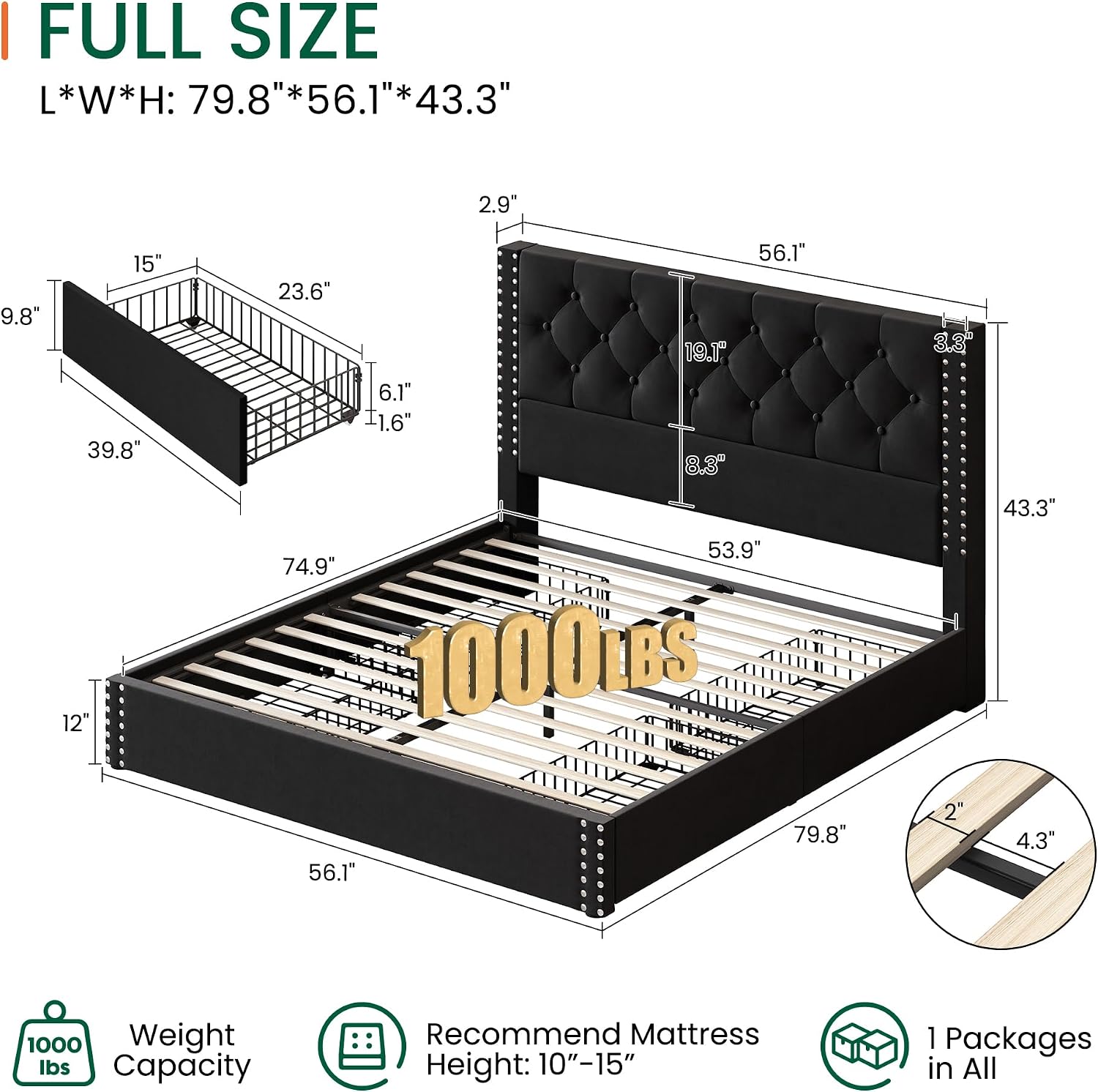 LARMACE Full Size Bed Frame with 4 Storage Drawers and Tufted Headboard Upholstered Platform Bed Frame with Heavy Duty Wood Slats, No Box Spring Needed, Easy Assembly,Black