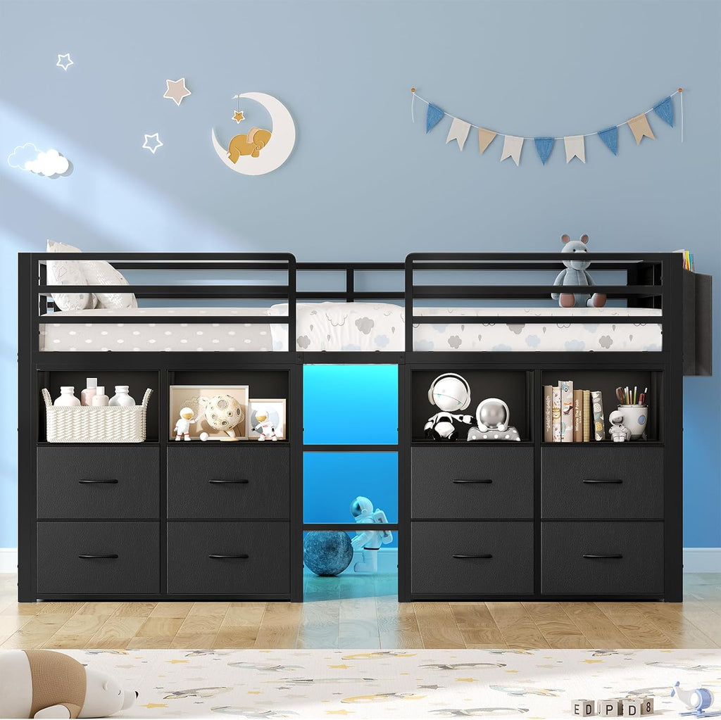 ADORNEVE Low Loft Bed Twin Size with 8 Storage Drawers, Twin Loft Bed with Bookcase and LED Lights, Metal Kids Loft Bed with 14' H Safety Guardrail, Under-Bed Play Space, No Box Spring Needed, Black