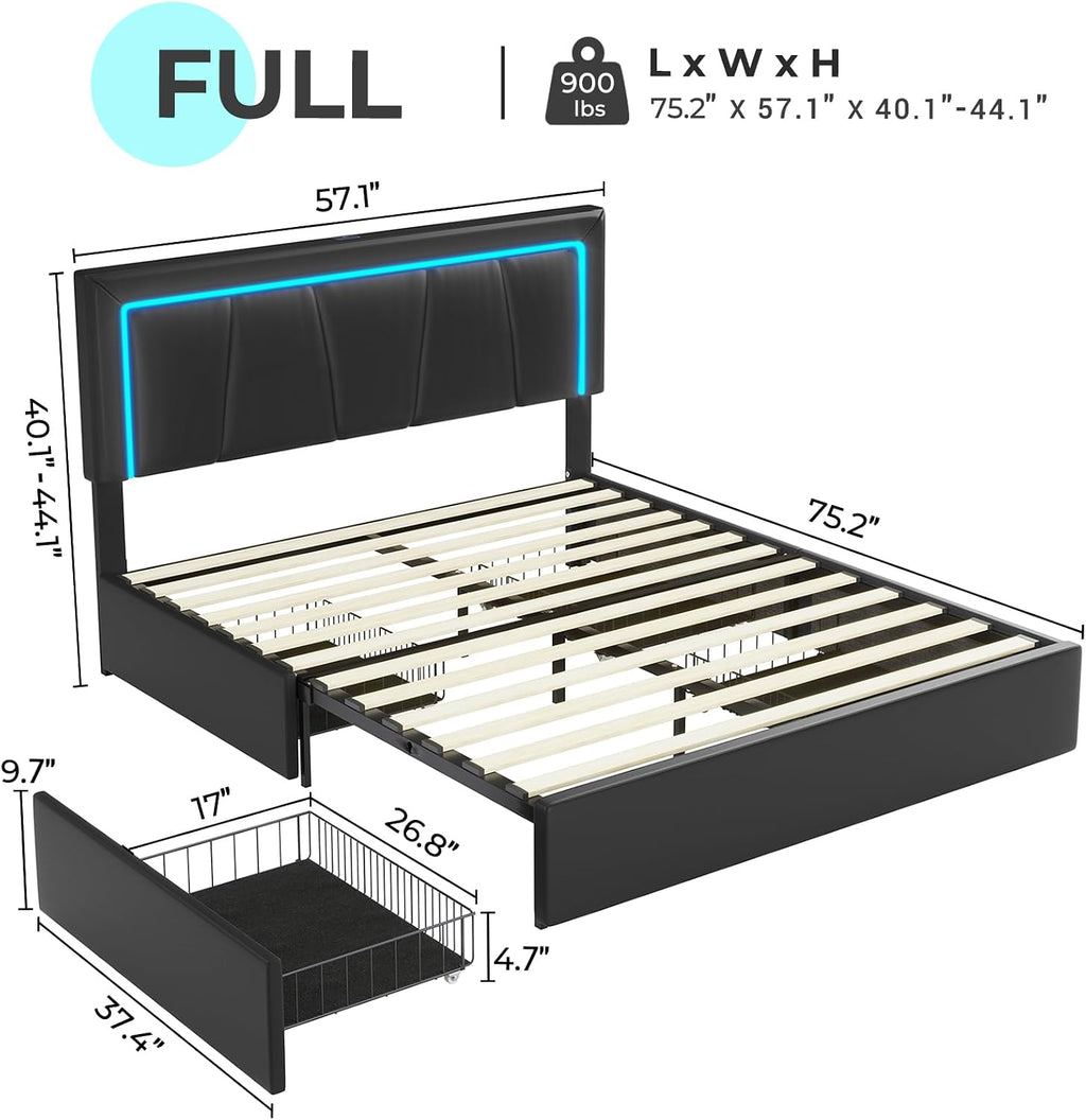 Hasuit Full Bed Frame with 4 Storage Drawers Underneath, Upholstered Platform Bed Full Size with Artificial Leather Headboard, Modern Bed with LED Light, and Charging Station, Black