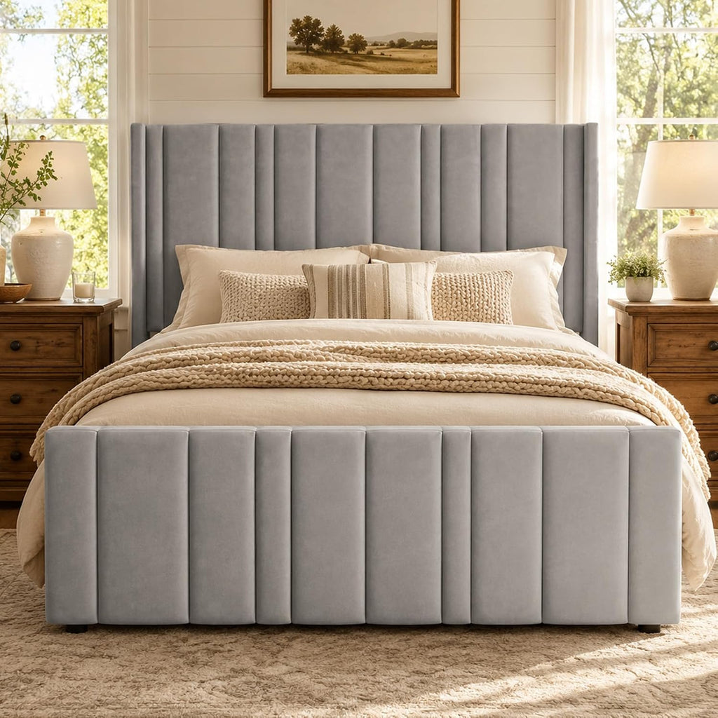 HOMBCK Full Size Bed Frame, Velvet Upholstered Platform Bed Frame Full with Vertical Channel Tufted Headboard & Footboard, Wooden Slats/Noise Free/No Box Spring Needed/Easy Assembly, Grey