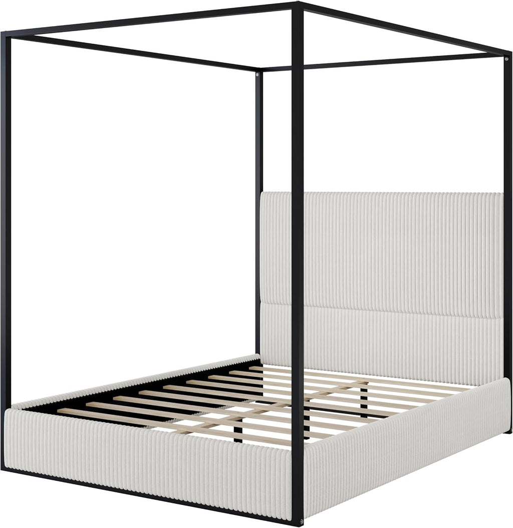 Queen Size Canopy Bed with Tall Upholstered Channel Headboard, Metal 4 Poster Upholstered Bed, No Box Spring Needed (Black + White, Queen)