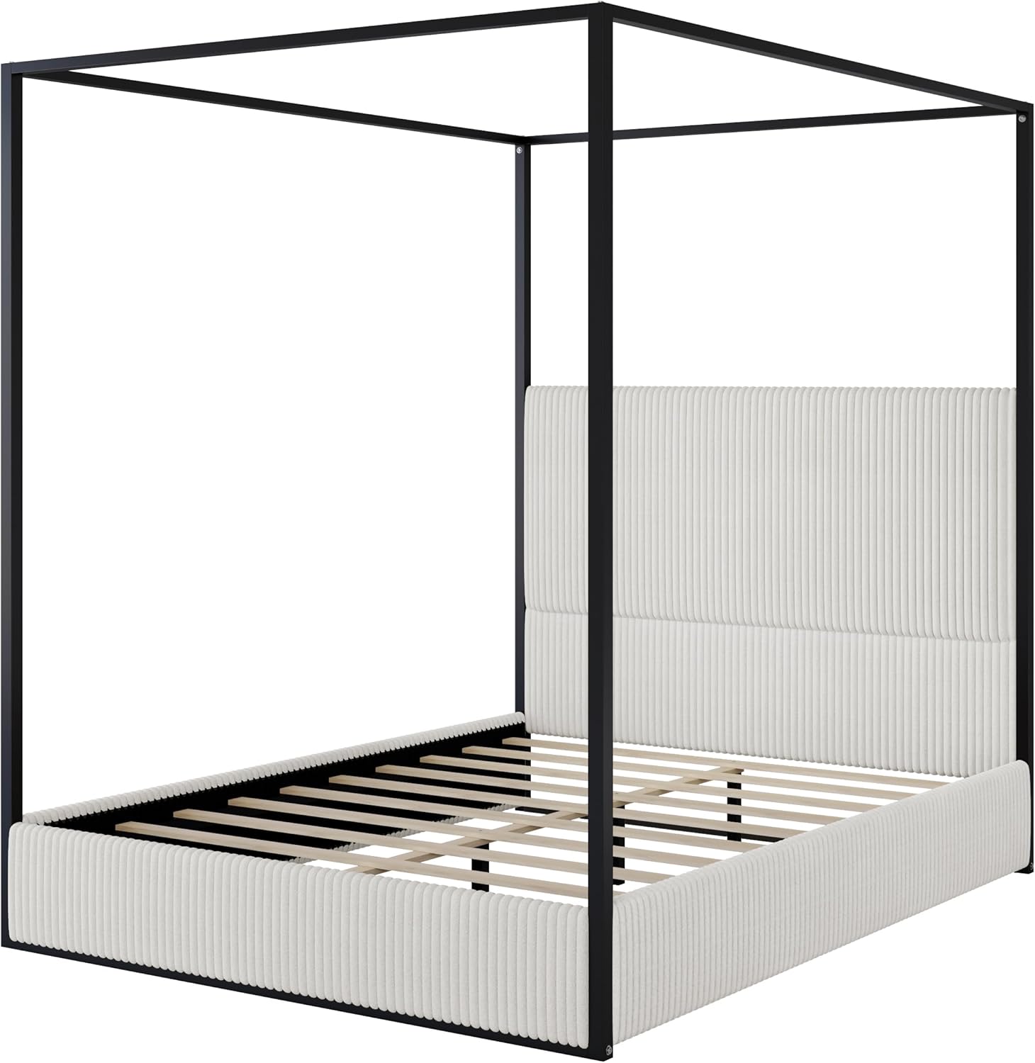 Queen Size Canopy Bed with Tall Upholstered Channel Headboard, Metal 4 Poster Upholstered Bed, No Box Spring Needed (Black + White, Queen)