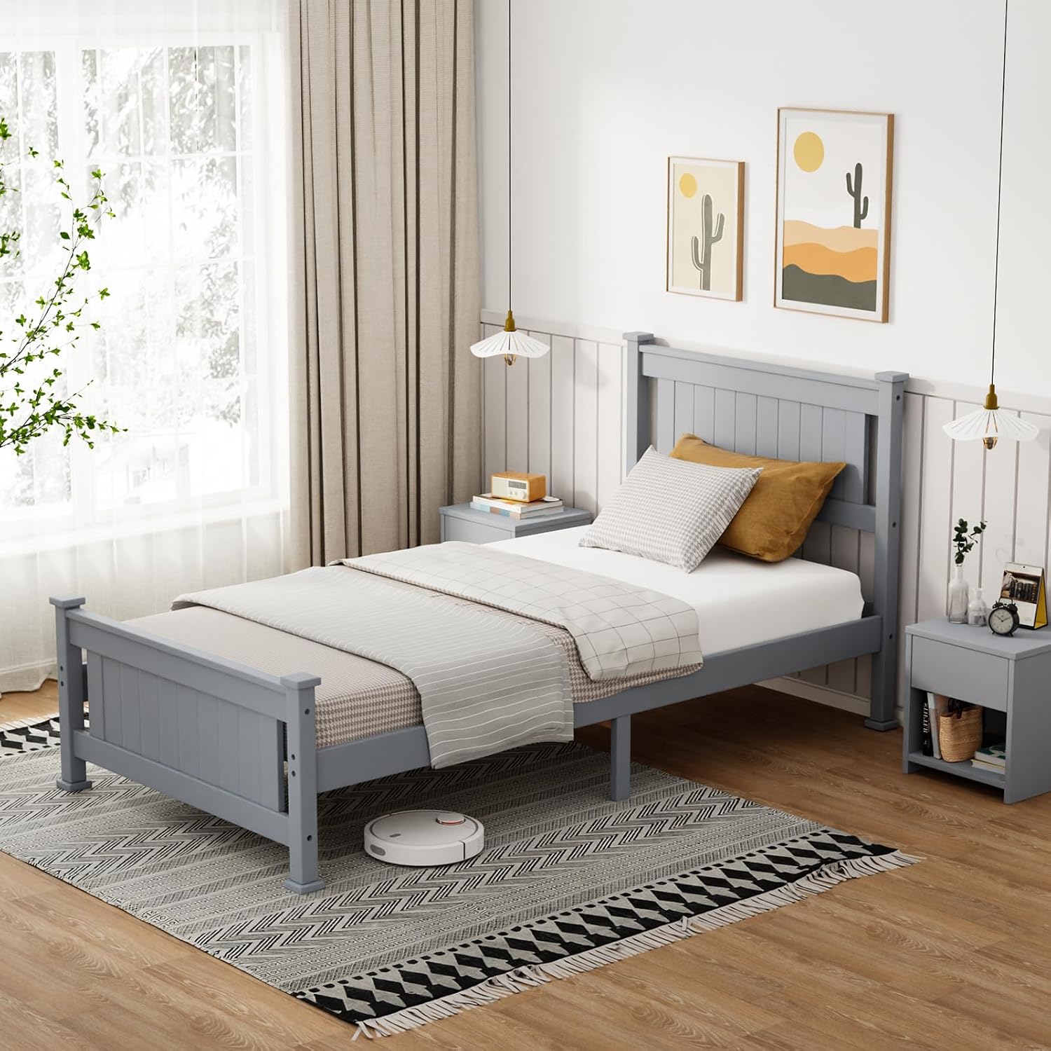 VINGLI Twin Size Set of 2 Solid Wood Bed with Headboard, Sturdy & Durable Construction,Modern Minimalist Panel Platform Bed with Strong Support for Kids,Adults & Guests,Sleigh Bed,Gray