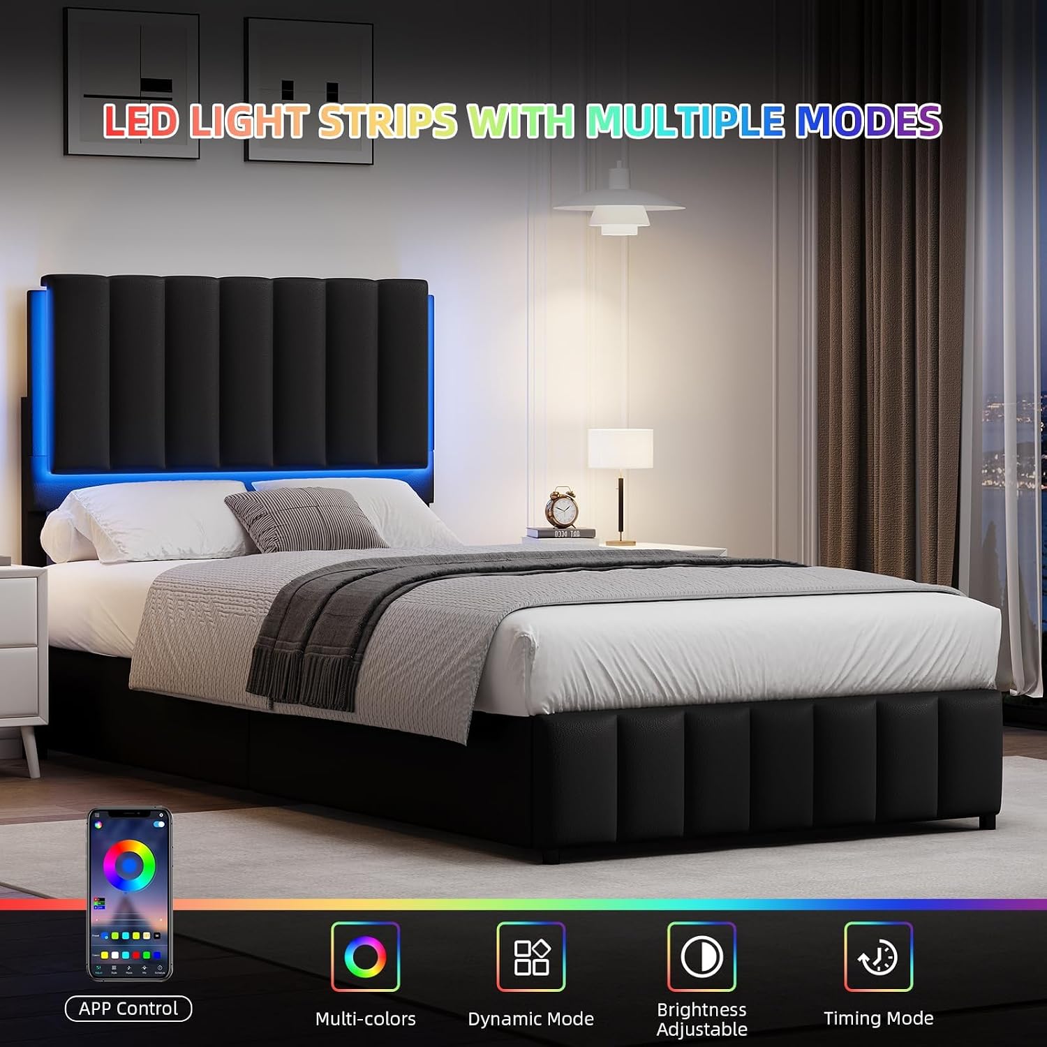 REVOMINCA Twin Upholstered Bed Frame with LED Lights, Faux Leather Platform Bed with Headboard and Wooden Slats Support, No Box Spring Needed, Noise-Free, Easy Assembly, Black