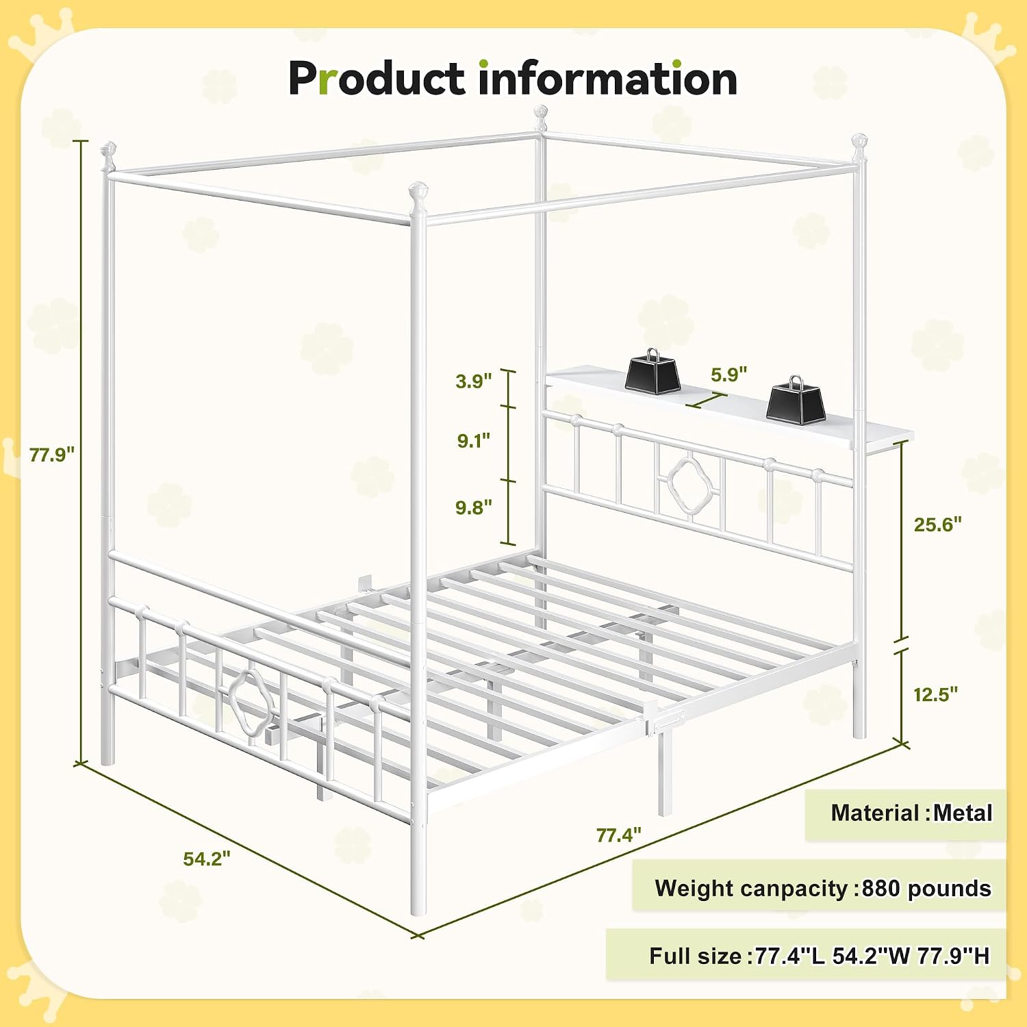 Homkdom Canopy Bed Frame with Storage Headboard, Full Size Bed Frame with 4 Removable Posts, Sturdy Metal Platform with Under-Bed Storage, Dual Purpose Bed Frame, No Box Spring Needed, White