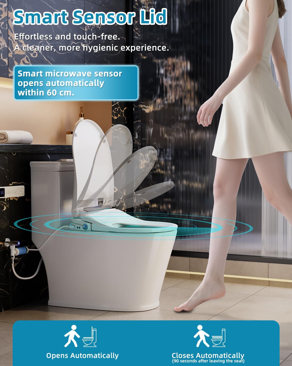 Sanyipace Bidet Toilet Seat, Elongated Electric Smart Heated Toilet Seat with Warm Water & Dryer, Self-Clean Nozzle, Night Light, Soft-Close Automatic Lid, Aromatherapy Function (Black LED)